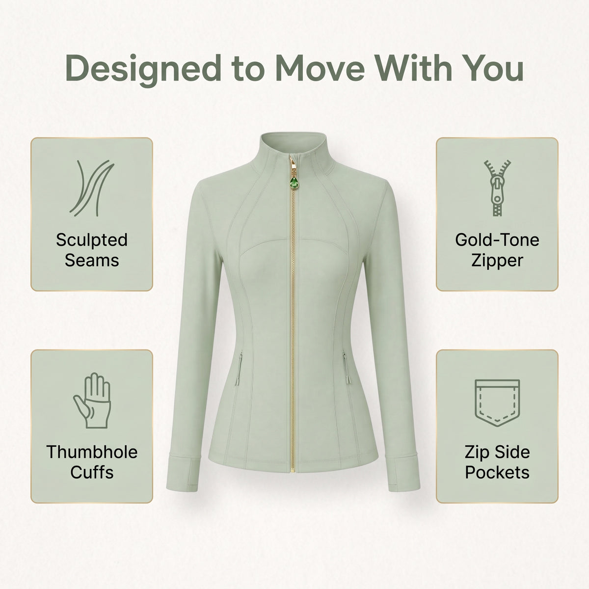 Sage Green Women’s Yoga Athleisure Jacket, Convertible Crystal Zipper Charm