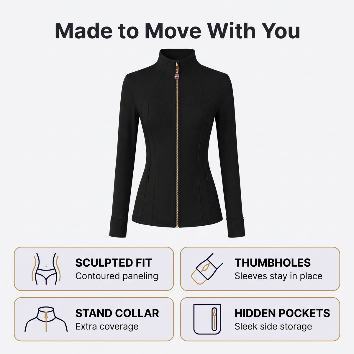 Black Women’s Slimming Yoga Jacket, Detachable Teardrop Crystal Zipper Charm