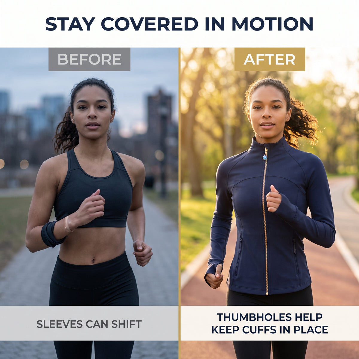 Navy Women’s Slim Fit Workout Jacket, Removable Crystal Zipper Charm Accessory