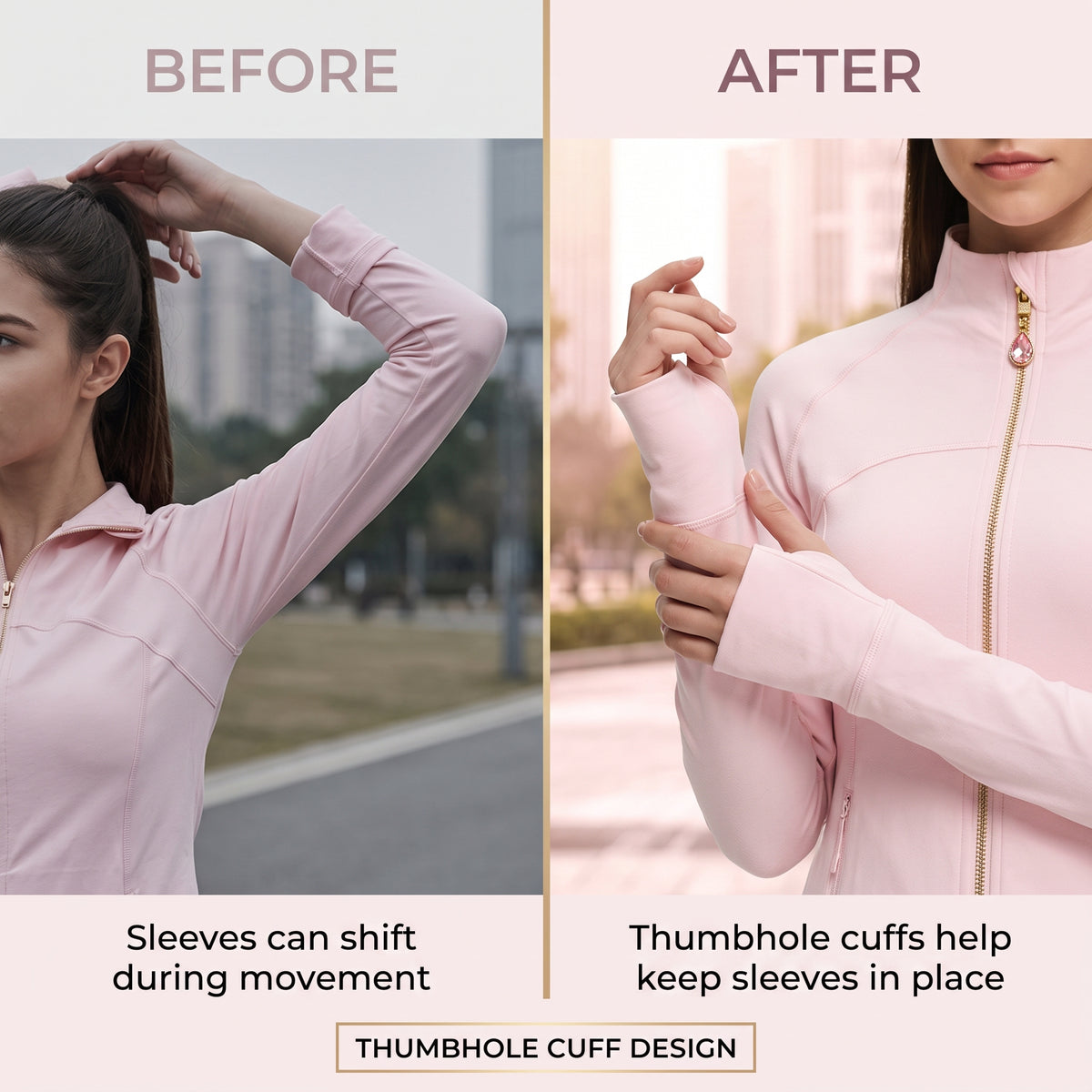 Pink Women’s Workout Jacket, 2-in-1 Crystal Zipper Charm Turns Into Necklace