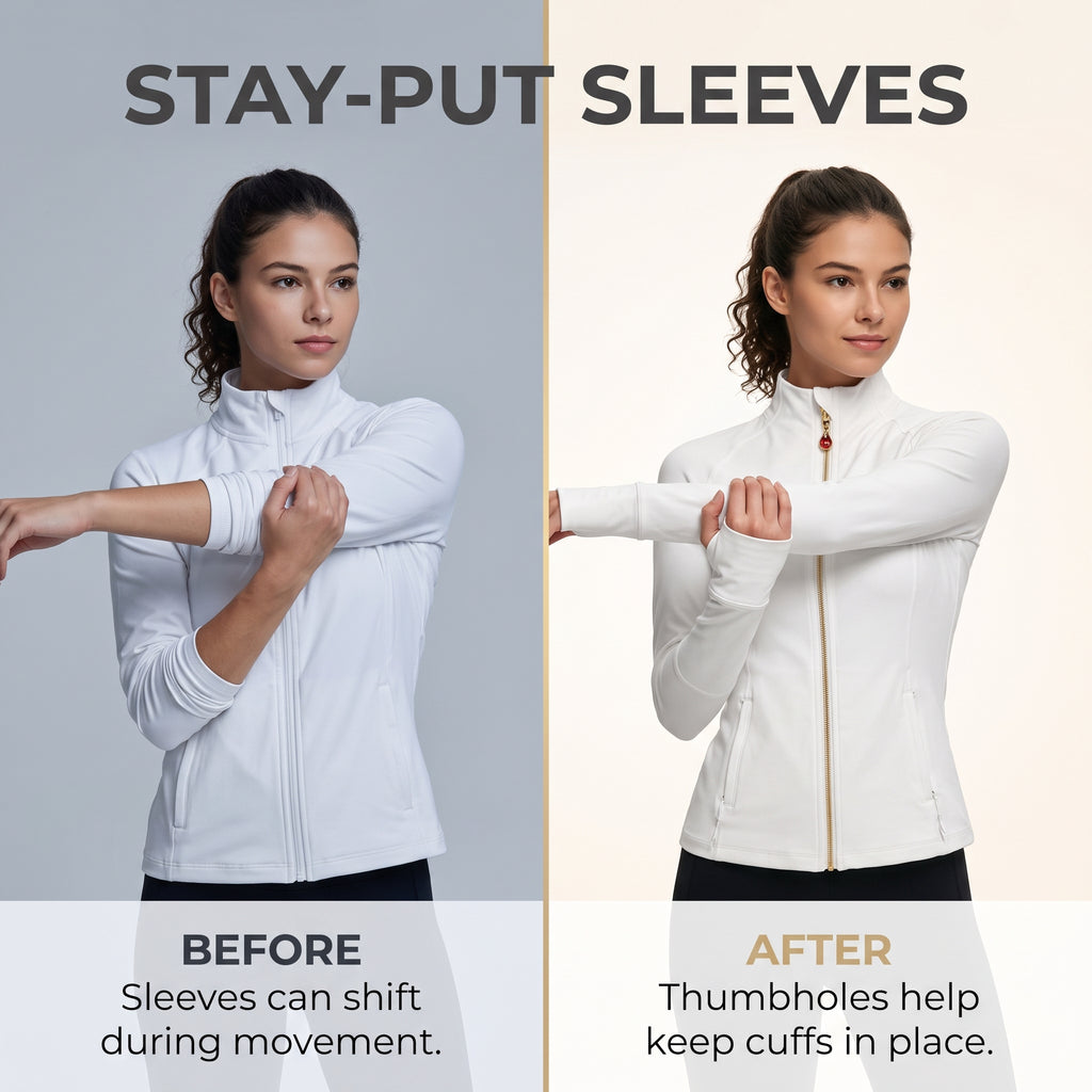 White Women’s Full Zip Yoga Jacket, Detachable Teardrop Crystal Charm Necklace