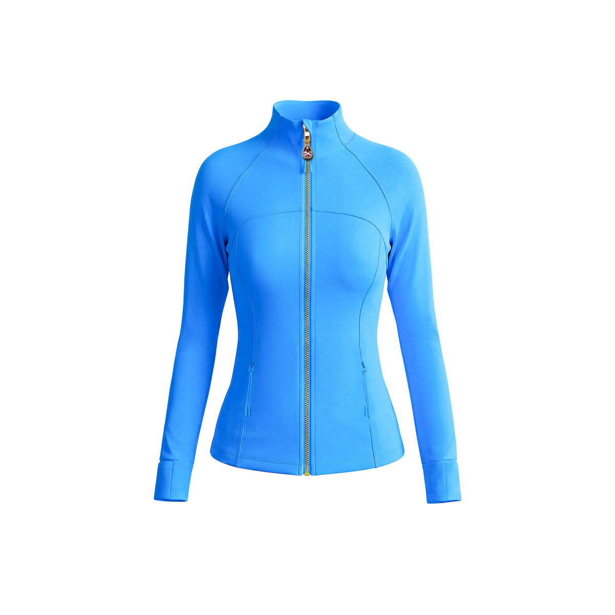 Bright Blue Women’s Athletic Jacket, Wearable Teardrop Crystal Zip Pull Charm